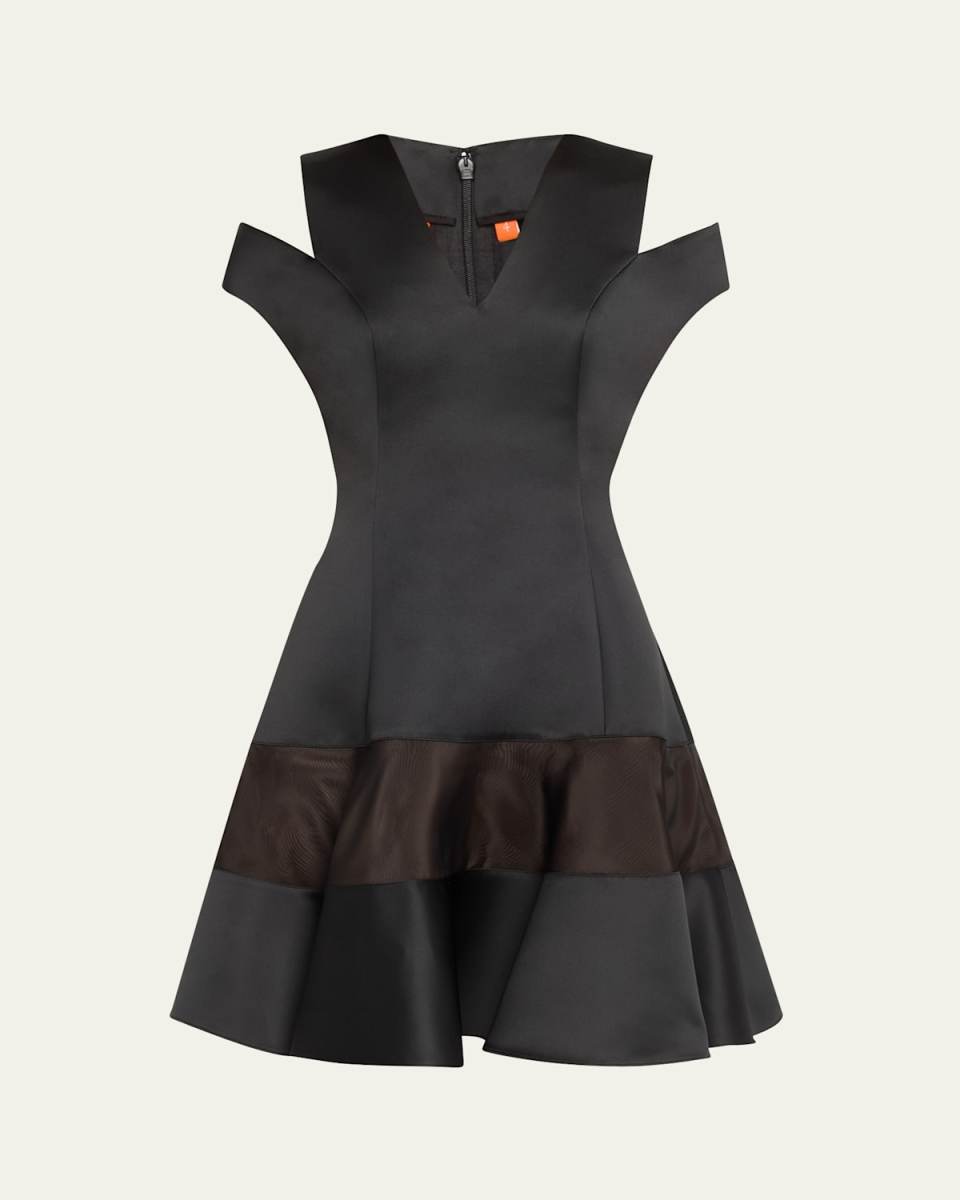 Shoulder Cut Out Flounce Satin Organza Dress